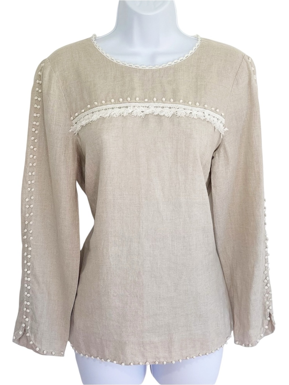 J. CREW 100% Linen Tan Embroidered Long Sleeve Blouse Size 6 Boho Coastal
